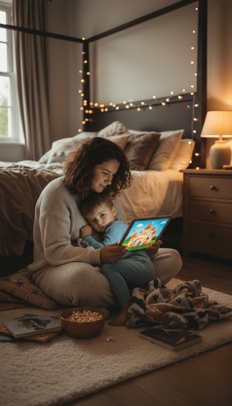 Parent reading a story to child in cozy bedroom