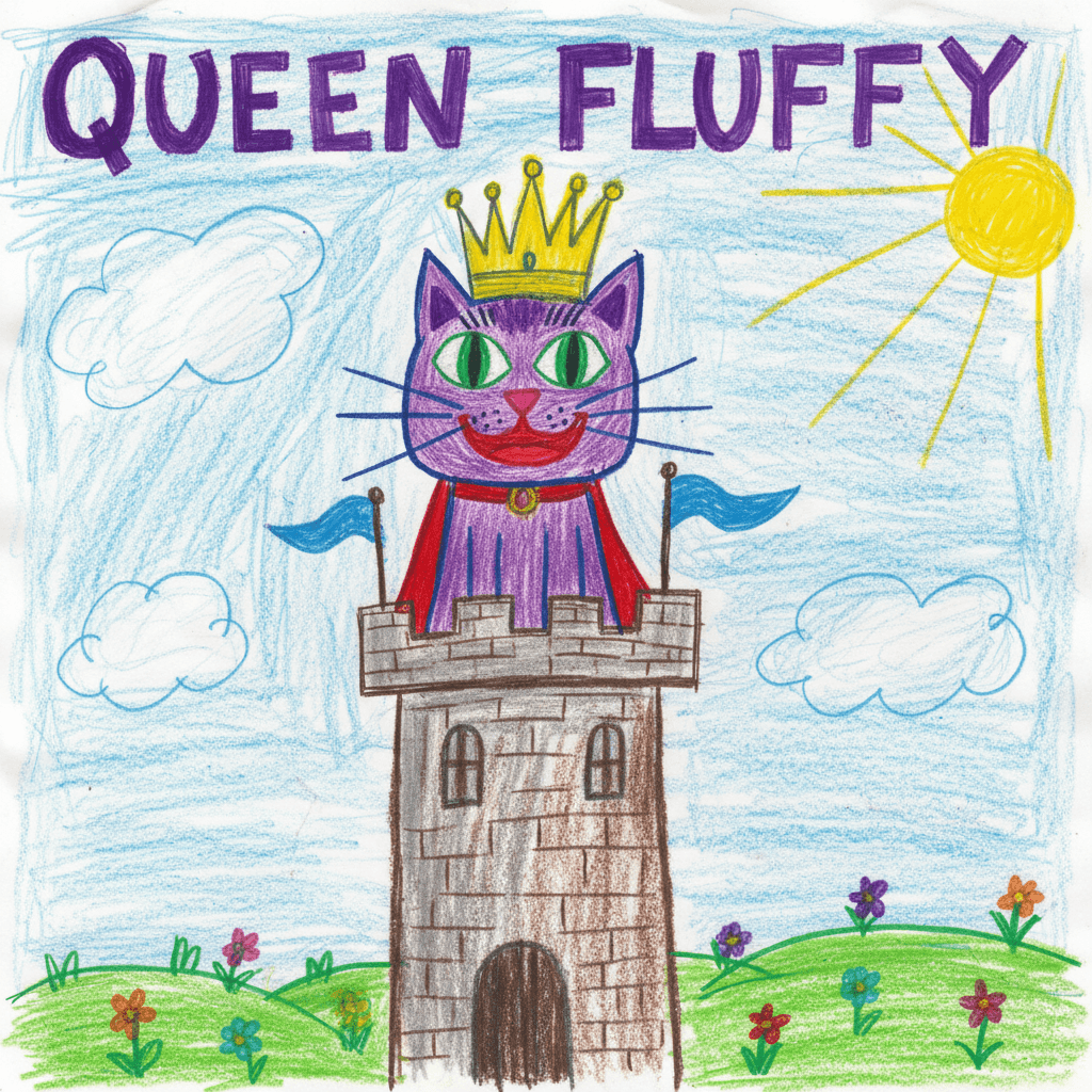 Child's original drawing of a crowned purple cat on a castle