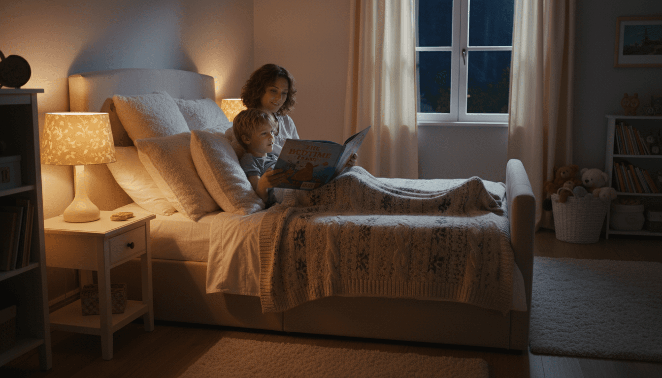 Parent reading a storybook to a child in a cozy bedroom with warm lighting