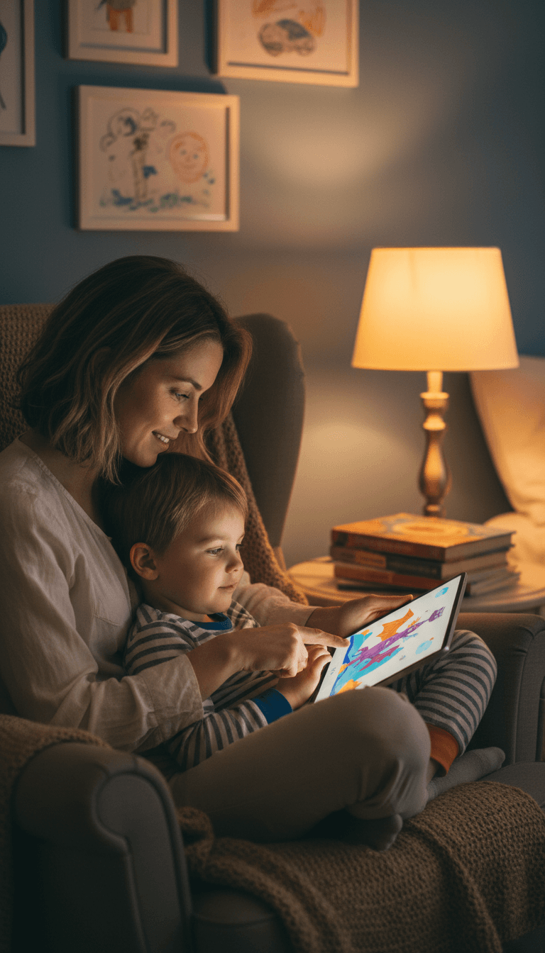 Parent and child reading a story from a tablet in a cozy bedroom