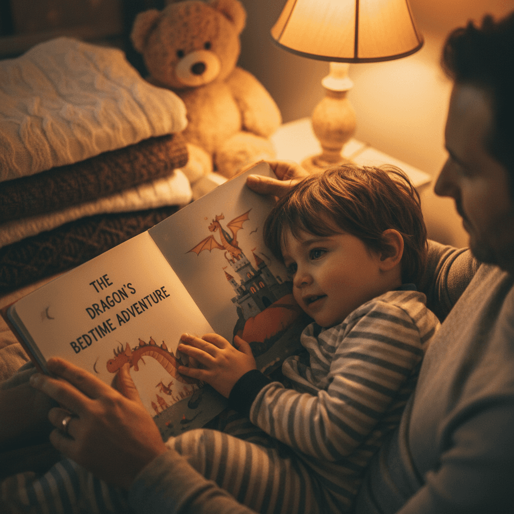 A parent reading a colorful storybook to a child in a warm bedroom