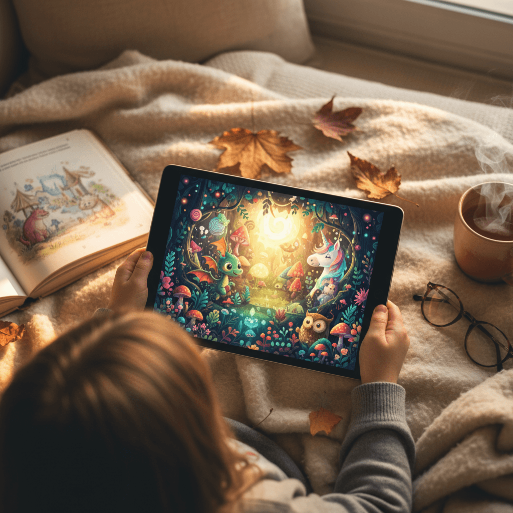 Parent holding a phone displaying a colorful illustrated forest scene from a story