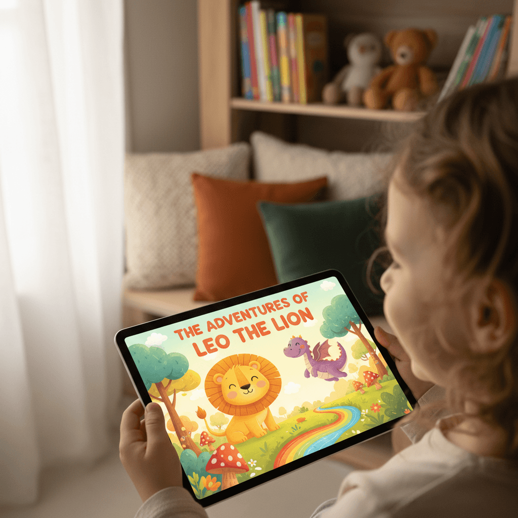 Child in bed at night looking at a glowing tablet showing a storybook page