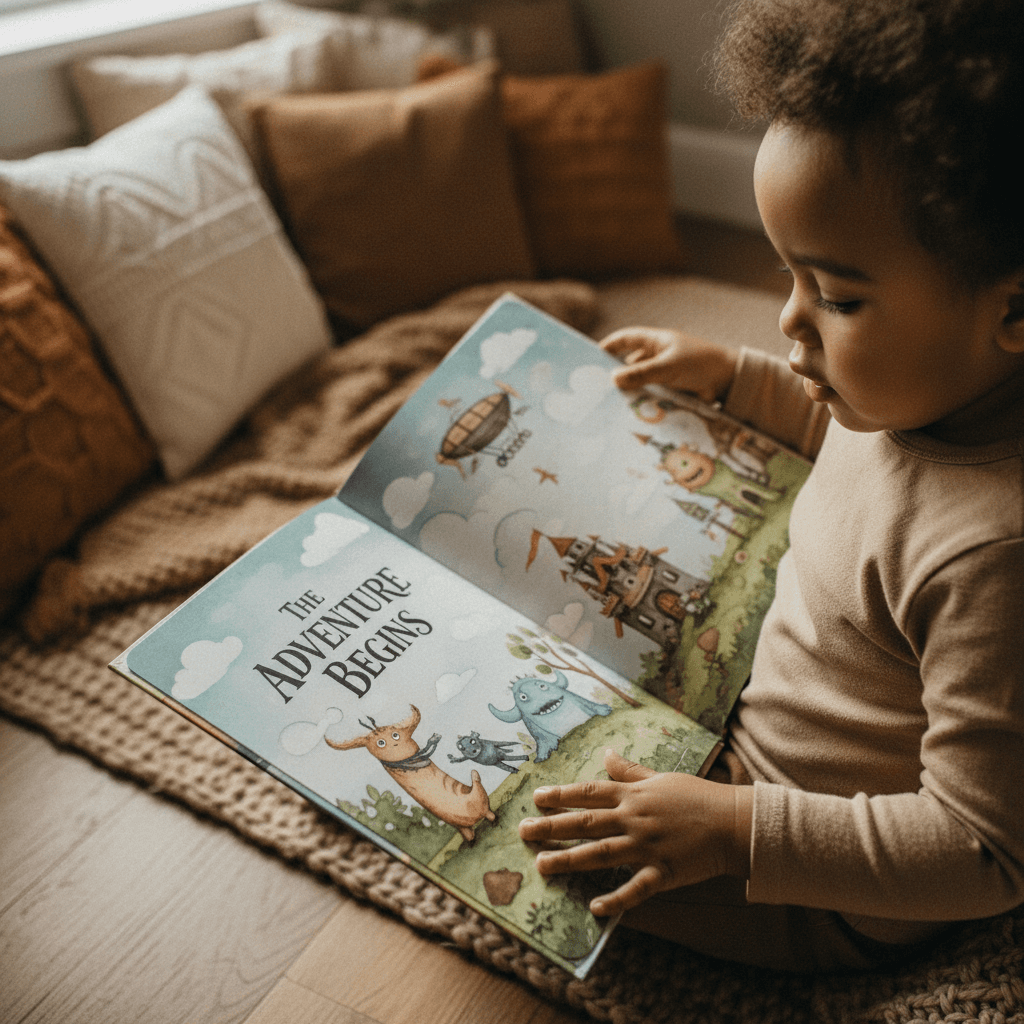 Printed children's book open on child's lap
