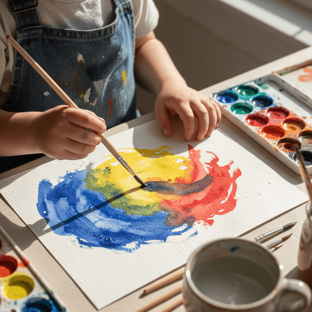 child drawing on paper with colorful crayons in bright cozy room