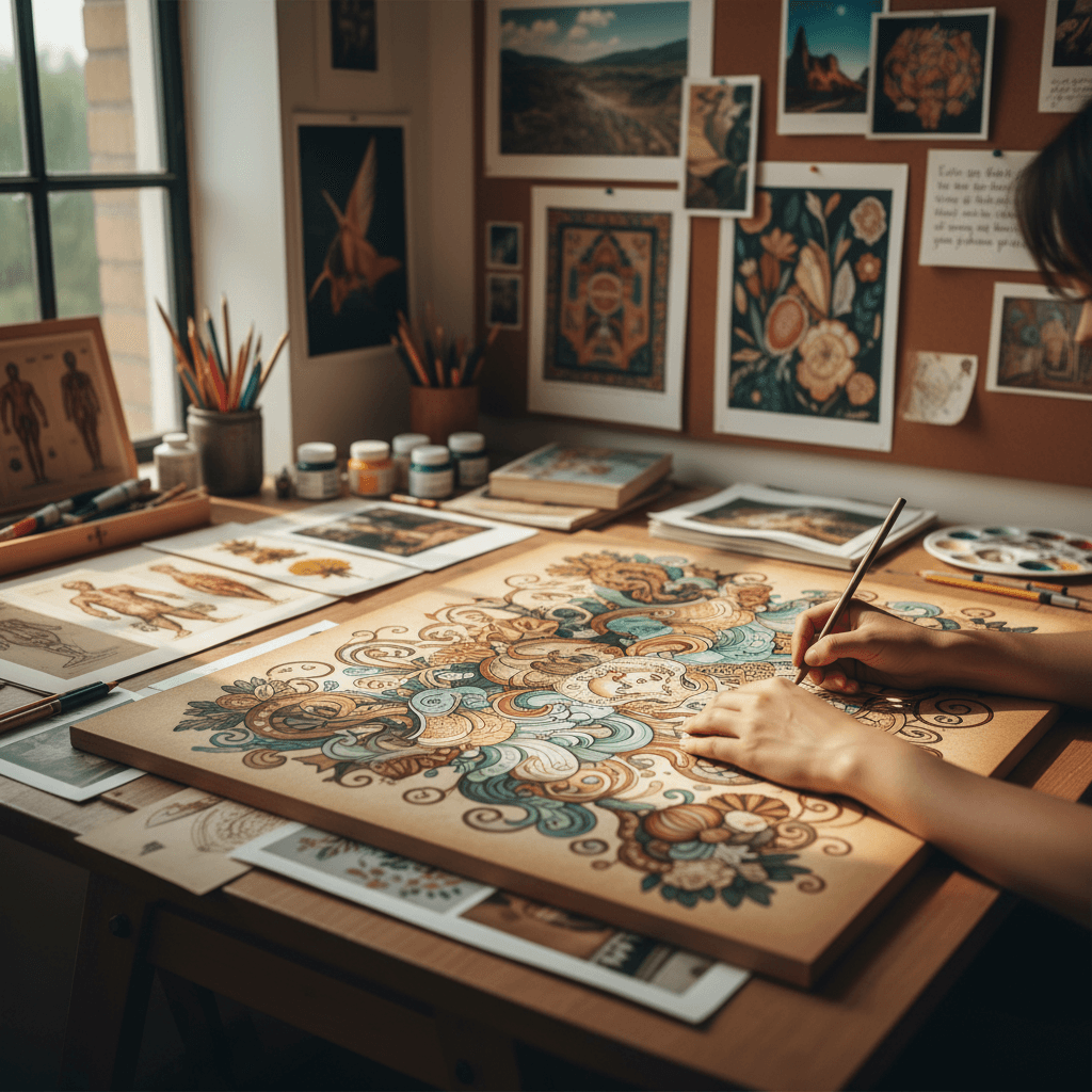 A child drawing with colorful markers at a small desk in a cozy home setting