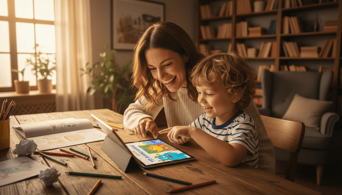 Parent and child reading a digital tablet together
