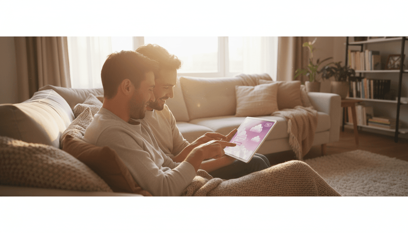 Parent and child looking at a tablet together in a cozy living room with warm lighting