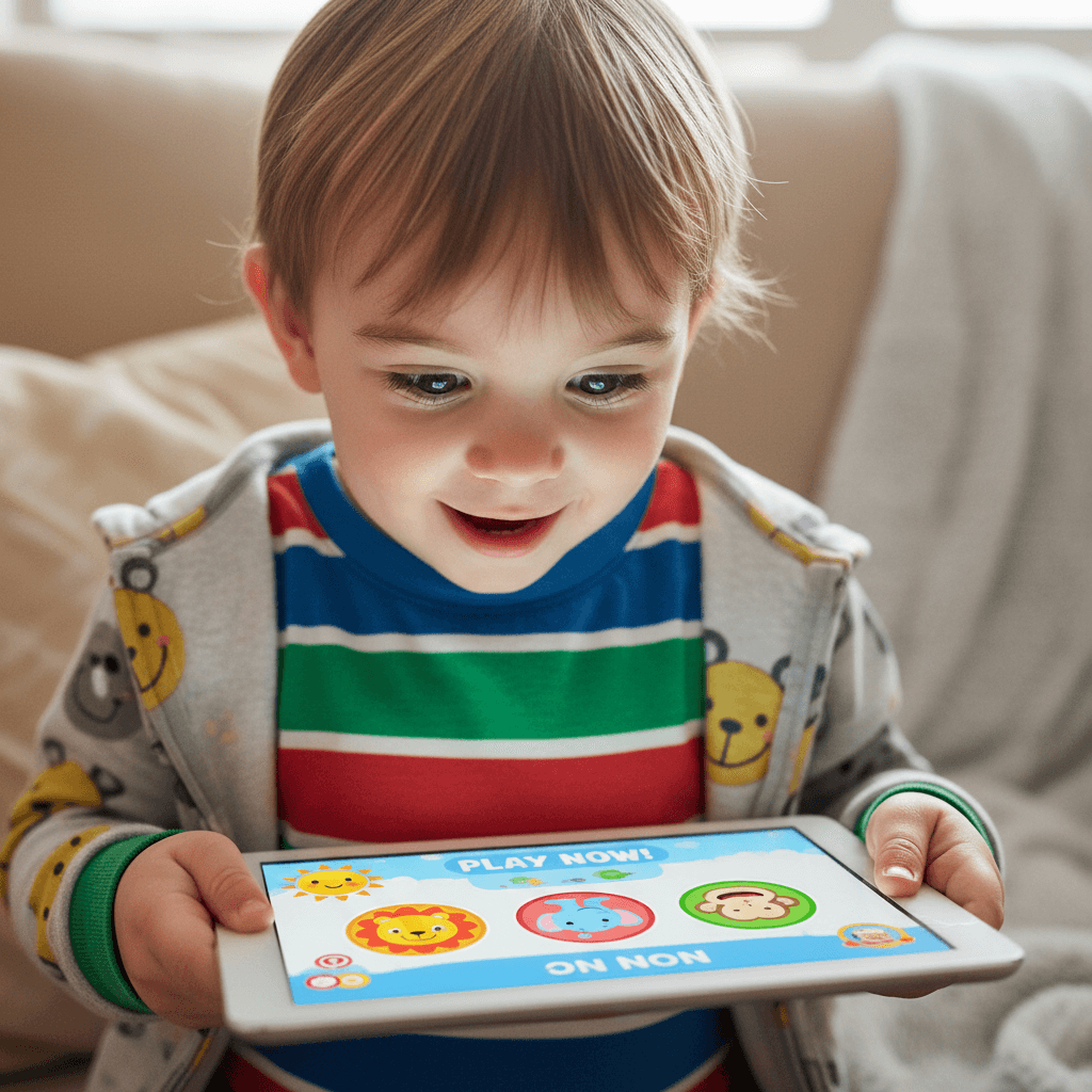 Child pointing at a tablet showing a cartoon character from a personalized story
