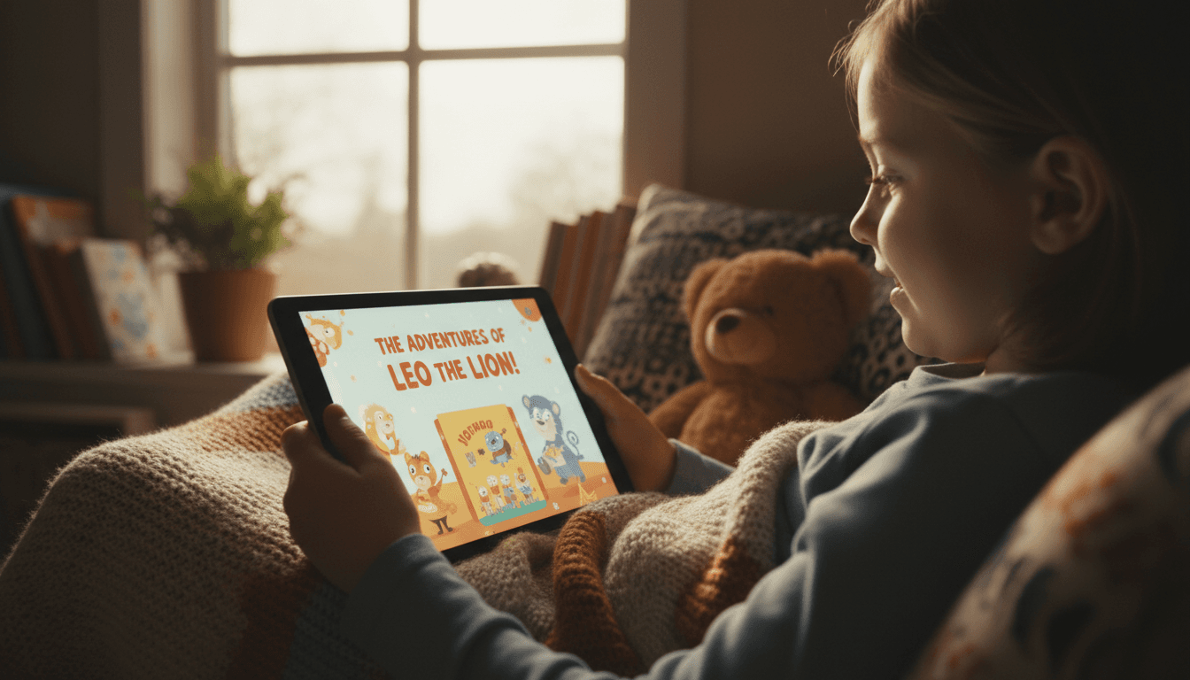 Tablet screen with story narration